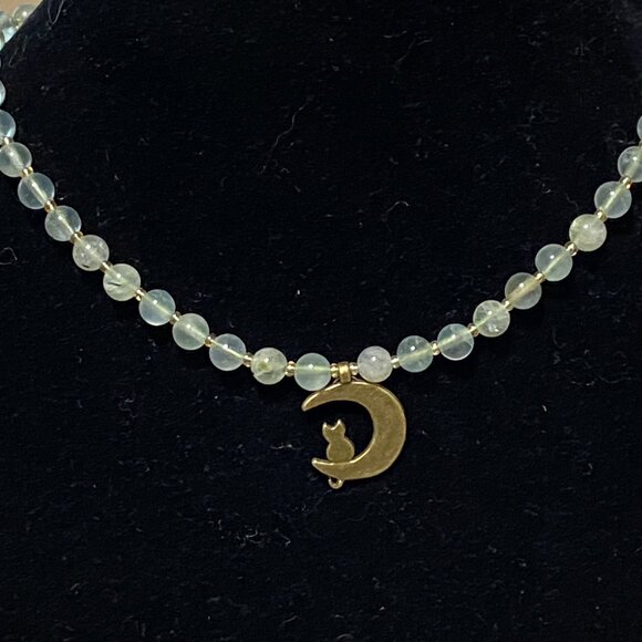 Genuine Gemstone Pale Green Prehnite Bronze Cat on the Moon Beaded Necklace - Picture 3 of 11